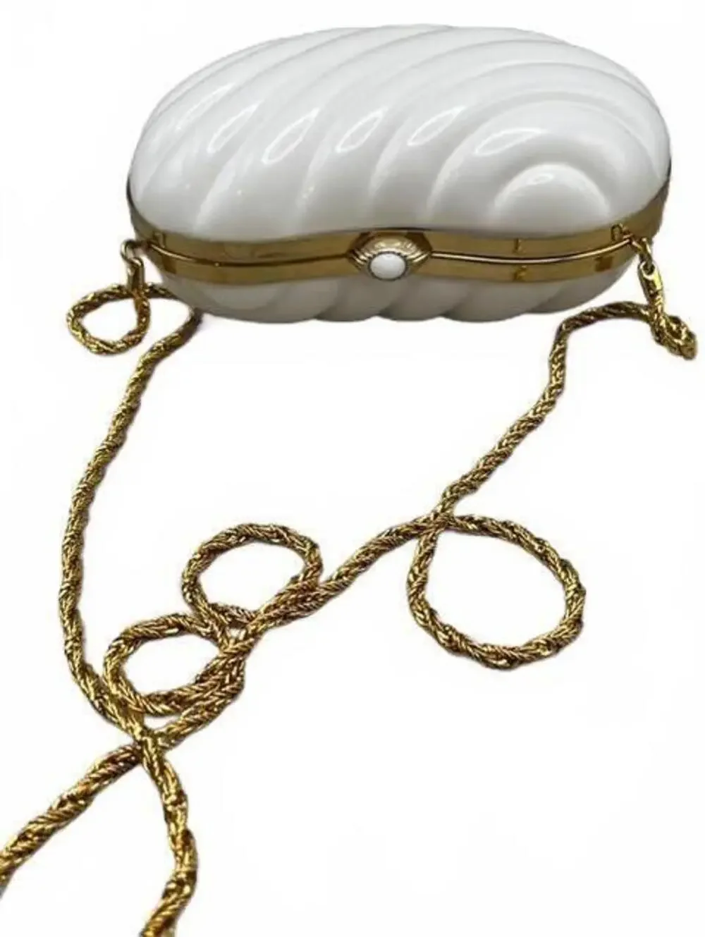 Vintage Made In Italy White Shell Minaudière Clutch Hardcase Gold Rope Chain Bag